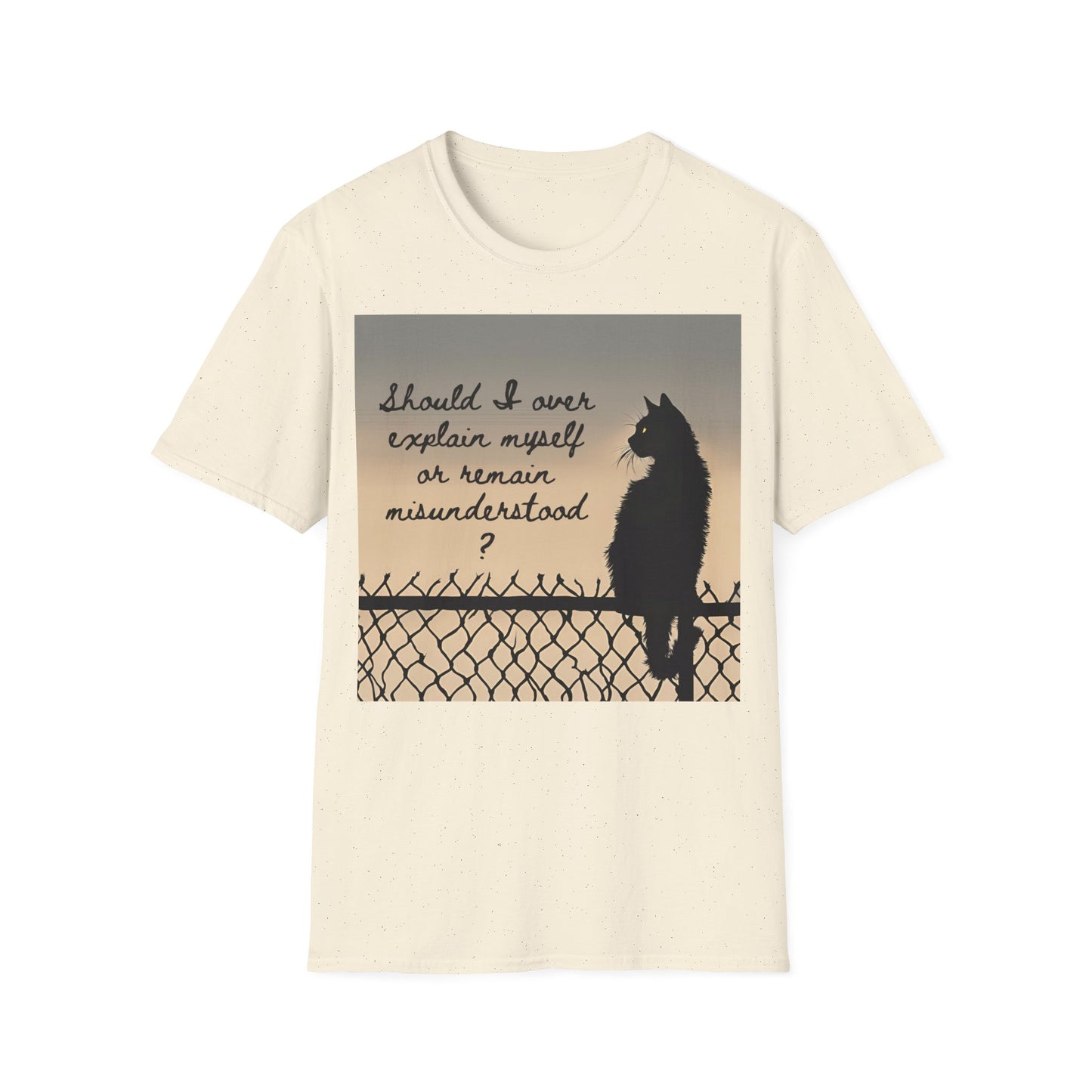 "Should I over explain myself or remain misunderstood?" Men's Softstyle T-Shirt with Black Cat, cotton artsy tshirt